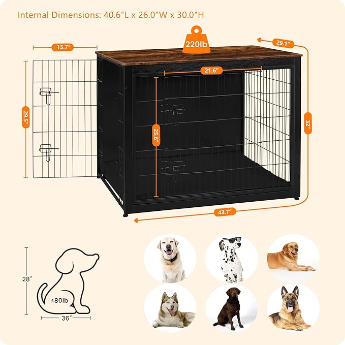 DWANTON Dog Crate Furniture with Cushion, Wooden Kennel Table with Double Doors, Indoor Dog House, Extra Large Size, 43.3" L, Black+Rustic Brown-PurrikoPets