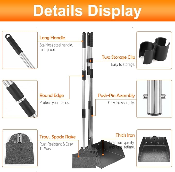 Dog Pooper Scooper, Adjustable Handle Poop Scooper with Tray,Rake and Spade Set of 3, Steel Stainless Poop Scoop for Medium Large Dogs and Pet Waste on Grass, Dirt and Gravel (Large Size)-PurrikoPets