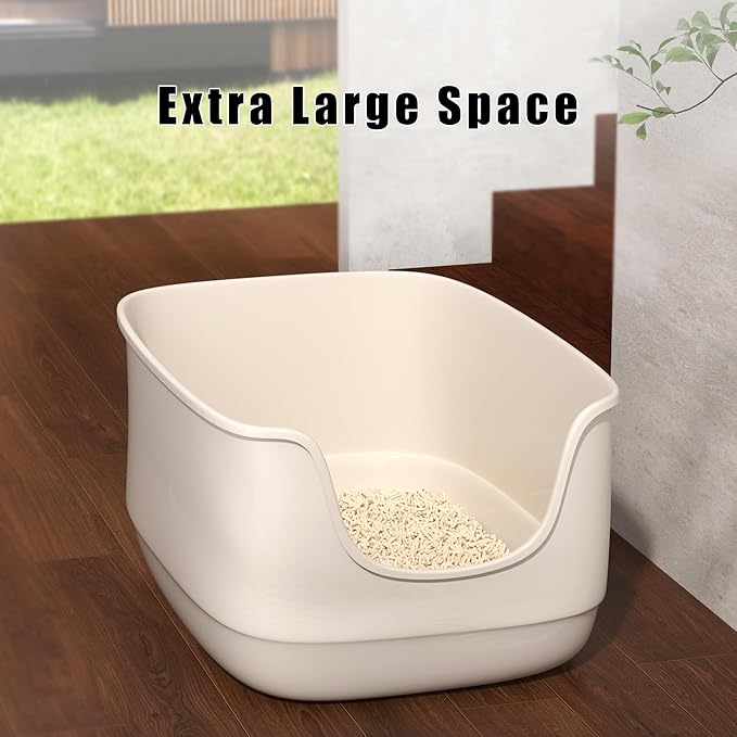 Gefryco Large Cat Litter Box with High Sided 24.6"x18.3"x12.2" - Jumbo Extra Large Open Anti - Splashing High Wall for Multiple Cats (White)-PurrikoPets