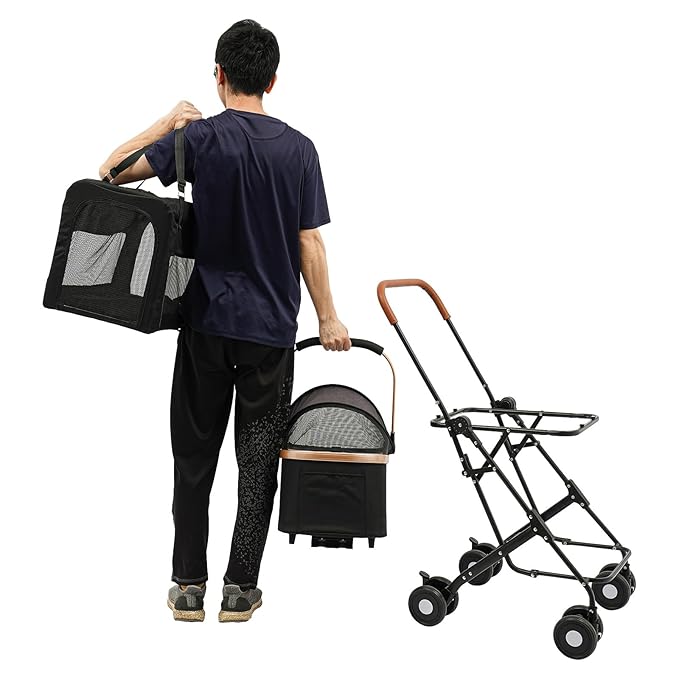 Double Pet Stroller for Dogs and Cats, Foldable Dog Stroller Travel Carriage with Detachable Carriers, Safety Belts, and 4 Lockable Wheels for Small to Medium Pets (Black)-PurrikoPets
