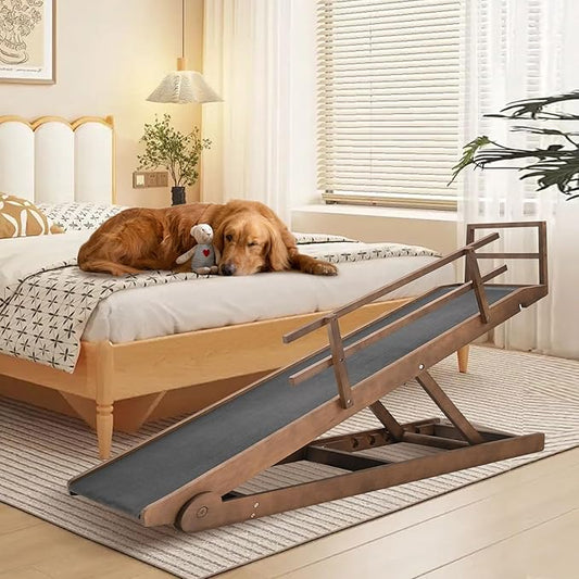 Dog Ramp, 5 Level Adjustable Height Folding Pet Ramp for High Bed, Portable Paw Ramps Large Bed Ramp for Medium & Large Old Dogs & Cats - Natural Wood Furniture Quality-PurrikoPets