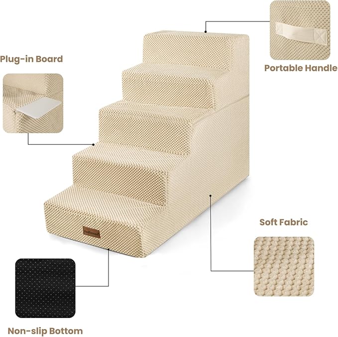 Dog Stairs for High Bed 22.6" H,5-Step Dog Steps for Small Dogs and Cats,Indoor Non-Slip Balanced Pet Stairs are Suitable for Puppy,Older Cat,Beige-PurrikoPets