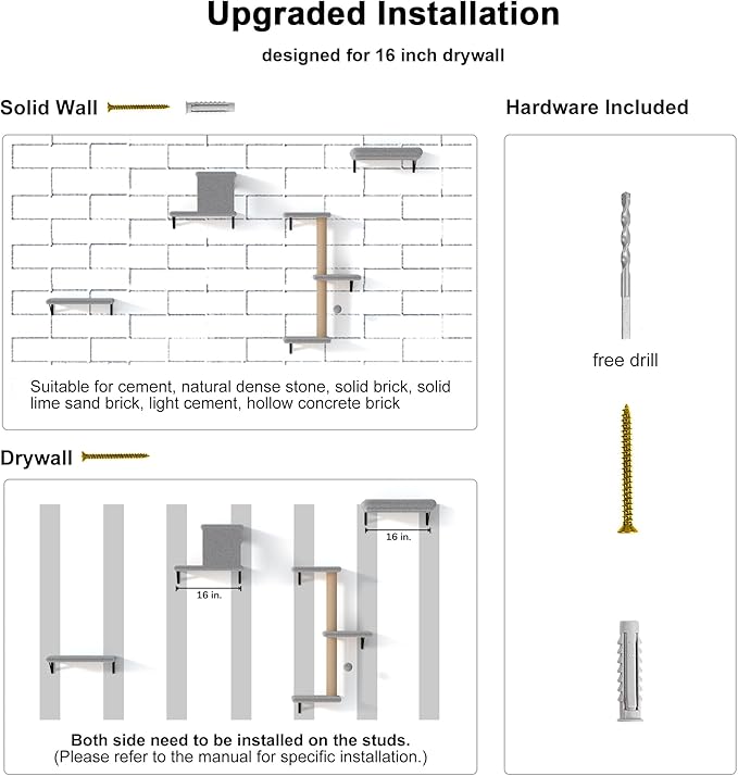 FUKUMARU Cat Wall Shelves, Stable & Safe 4 in 1 Cat Furniture Set, Wooden Climbing Wall with Scratching Post for 16 Inch Drywall - Light Gray-PurrikoPets