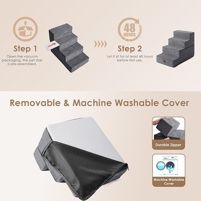 EHEYCIGA Dog Stairs for Bed 18" H, 4-Step Dog Steps for High Bed, Pet Steps for Small Dogs and Cats, Non-Slip Balanced Pet Ramp Indoor, Grey-PurrikoPets