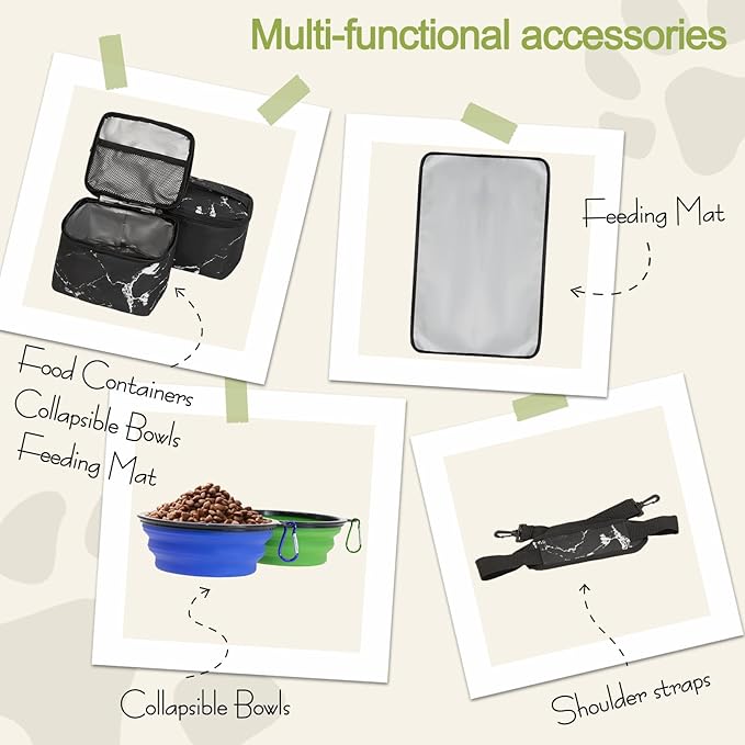 Dog Travel Bag,Weekend Pet Travel bag Set for Dog and Cat,Airline Approved Tote Multi-Function Dog Bags for Traveling,Include 2 Collapsible Bowls,2 Food Storage Containers,1 Feeding Mat,Marble-PurrikoPets