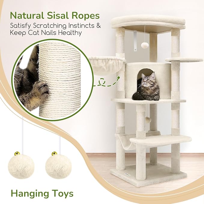 Globlazer Corner Cat Tree Tower with Scratching Post for Indoor Cats, 51in Plush Multi-Level Cat Tower with Large Hammock, Fan-Shaped Padded Perch, Spacious Cat Condo, Hanging Basket, C51, Light Beige-PurrikoPets