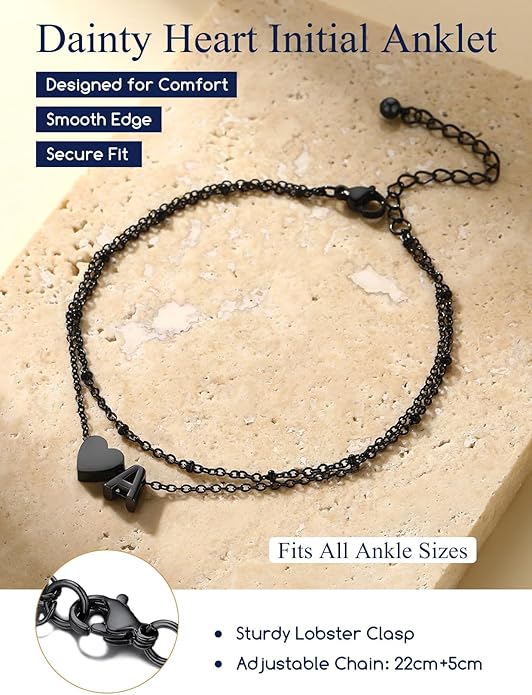 Suplight Stainless Steel Initial Ankle Bracelets for Women Layered Dainty Heart Anklet Beaded Anklets for Women Waterproof Plus Size Ankle Foot Chain Summer Essentials Jewelry(with Gift Box)