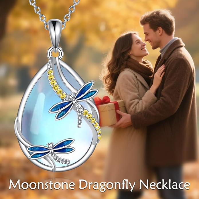 KQF Dragonfly/Butterlfy/Cat/Jellyfish/Bunny/Axolotl/Bee/Mermaid/Hummingbird/Elephant Necklace for Women Sterling Silver Moonstone Pendant Necklace Dragonfly Jewelry Gifts for Women