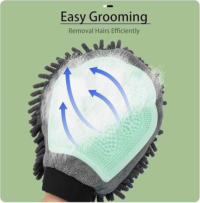 Dual Sided Pet Grooming Glove with Rubber Paw - 2-in-1 Grooming Glove | Fun Dogs & Cats Grooming Tool for Brushing, Massaging, and Scrubbing | Chenille Fabric Side Acts as Pet Bathing(Green)-PurrikoPets