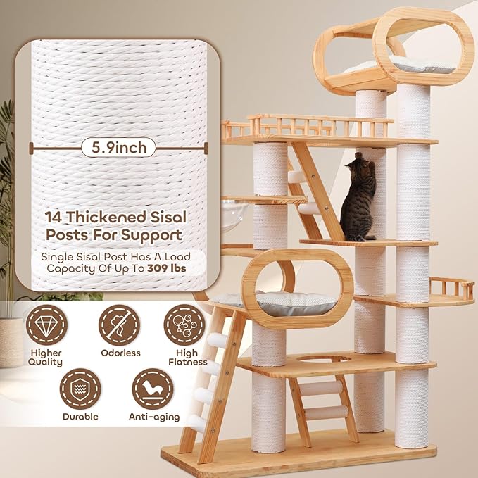 76.8'' Tall Modern Large Cat Tree,Multi-Level Wood Cat Tower for Indoor Cats Large Adults,Luxury Heavy Duty Cat Condo with Cushion,Scratching Posts,Clear Hammock Activity (76.8inch)-PurrikoPets