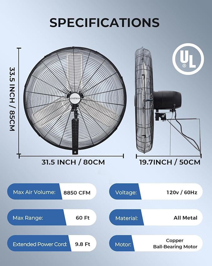 30 inch Wall Mount Fan Oscillating, 3-Speed 8850 CFM High Velocity Industrial Wall Mounted Fan, Heavy Duty Air Circulator for Garage, Shop, Gym, Workshop, Covered Patio - UL Listed-PurrikoPets