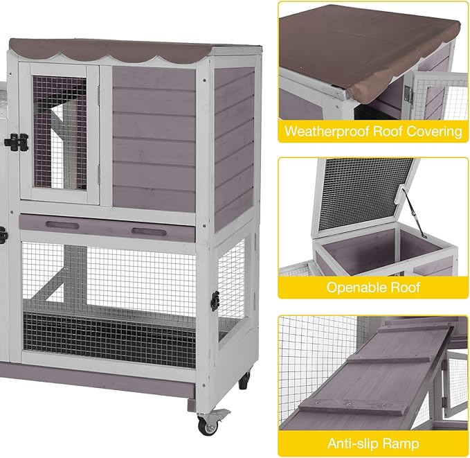Aivituvin Rabbit Cage Indoor Outdoor Bunny Hutch on Wheels, 2 Story Wood Guinea Pig Cages with 2 Deeper Pull Out Trays (Gray)-PurrikoPets
