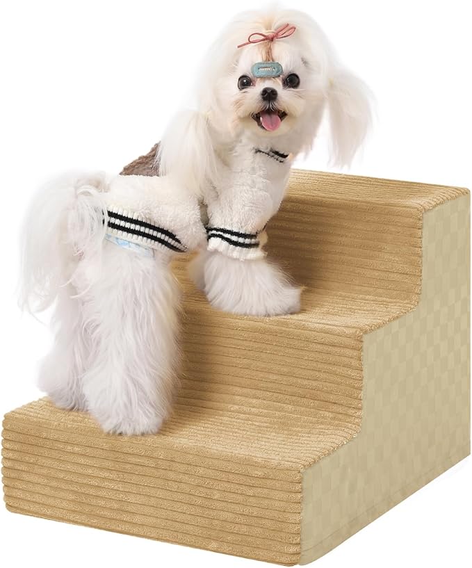 Dog Stairs for Small Dogs,13" H,3-Step Dog Steps for Bed and Couch with High Density Foam,Non-Slip Pet Steps for Doggy and Cat,Pet Stairs with a Washable Cover,Khaki-PurrikoPets