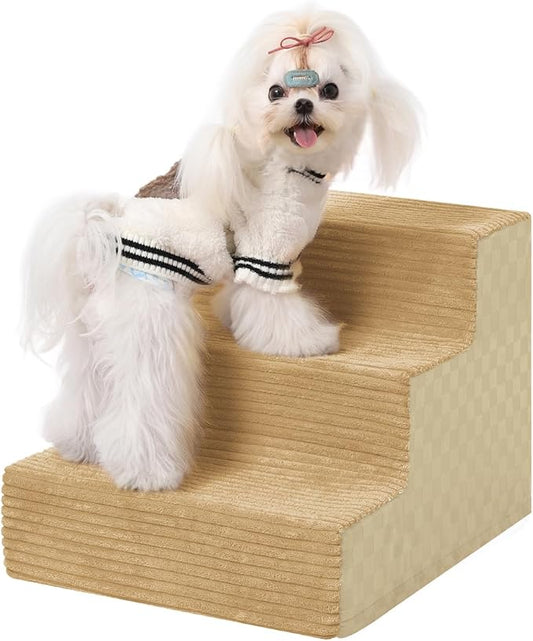 Dog Stairs for Small Dogs,13" H,3-Step Dog Steps for Bed and Couch with High Density Foam,Non-Slip Pet Steps for Doggy and Cat,Pet Stairs with a Washable Cover,Khaki-PurrikoPets