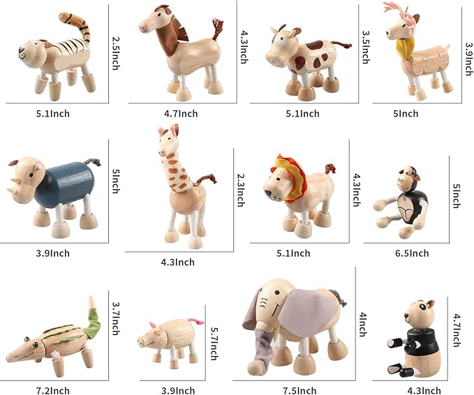 12PCS Bendable Wooden Animal Toys, Fun and Posable Animal Toys for Early Education, Smooth Natural Wood, Safari Farm Wood Animals Learning Toy for Kids-PurrikoPets