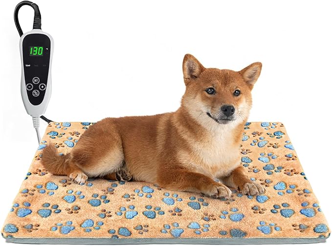 Dog Heating Pad,28×18 in Waterproof PVC Pet Heating Pad, Adjustable Thermostat+Constant On Function, Metal Protective Tube Comes with a Plush Cotton Sleeve，Whelping Box-Apricot-PurrikoPets