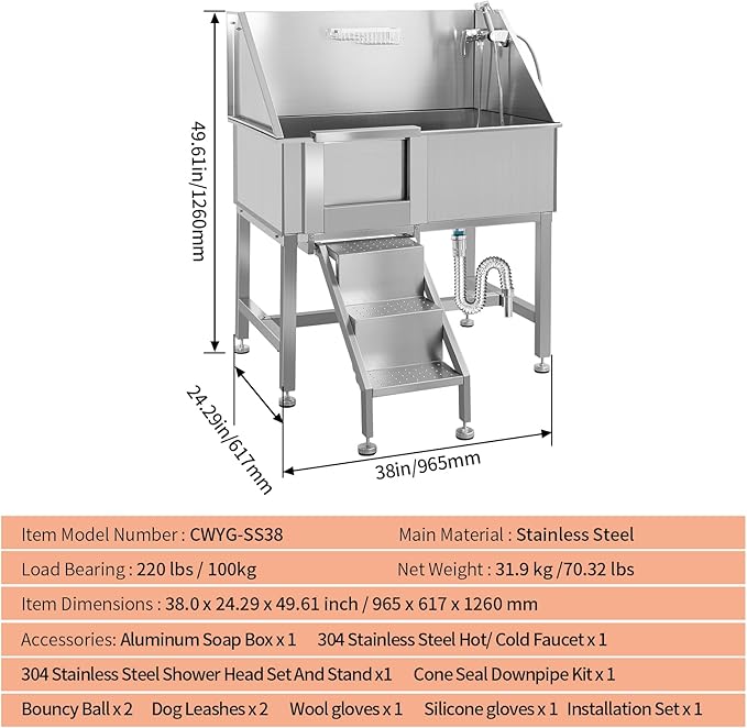 38 Inch Dog Bathing Station for Large Dogs, Stainless Steel Dog Pet Washing Station, Professional Dog Grooming Tub, Pet Wash Bath Station,Left Door-PurrikoPets