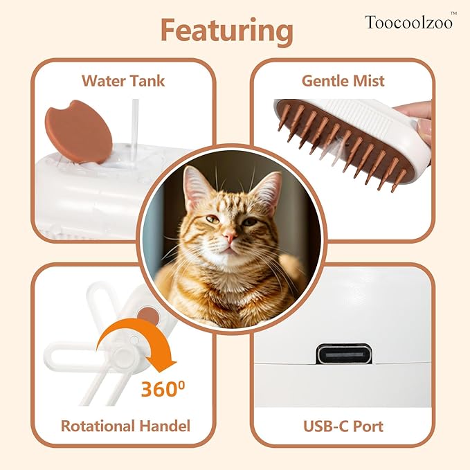 3-in-1 Cat Steam Brush, Rechargeable Cat Brush with Steam, Spritz Defur Comb for Dogs, Spritz Defur Comb for Cats (White)-PurrikoPets