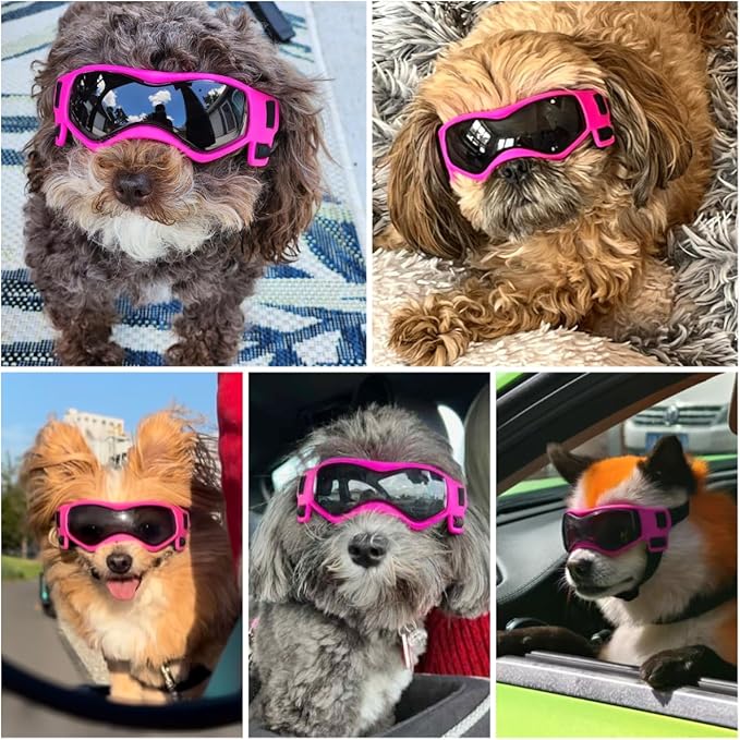 Dog Goggles Dog Sunglasses for Small Breed UV Protection Windproof with Adjustable Head Straps Chin Straps for Ride Car/Hiking Travel/On Beach-Pink-PurrikoPets