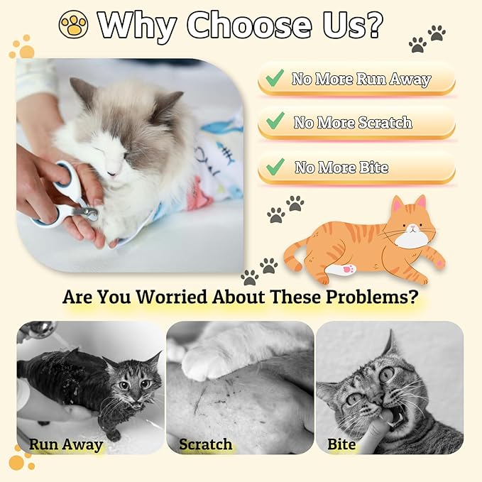 31.5" Cat Wrap for Grooming-Premium Cat Grooming Wrap Cat Restraint for Nail Clipping, Self-Adherent Soft Cat Blanket to Wrap Cat Anti-Scratch Anti-Escape Grooming Bag (White, XXL)-PurrikoPets