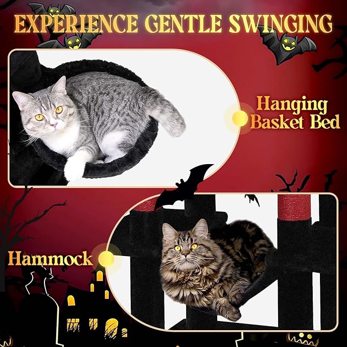Globlazer Gothic Corner Cat Tree Tower with Scratching Post for Indoor Cats, 51inch Goth Cat Condo Tower with Large Hammock, Fan-Shaped Padded Perch, Spacious Cat Cave, Hanging Basket, C51, Red Black-PurrikoPets