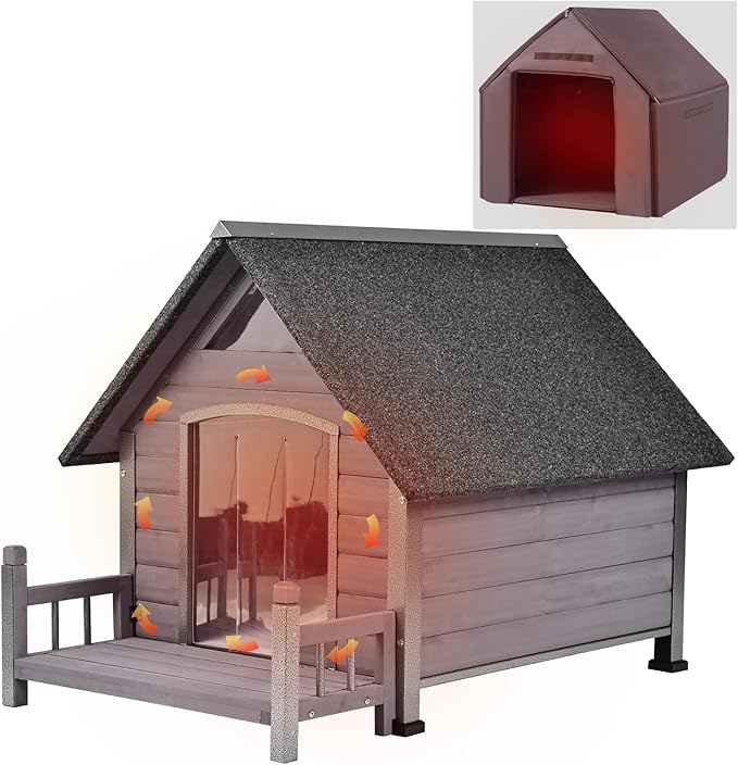 Aivituvin Dog House Outdoor with Metal Frame, Insulated Dog Kennel Outside for Small to Medium Breed, 45" Weatherproof Large Dog Shelter with Anti-Chewing Iron Frame, Grey (45" D x 32.9" W x 32.6" H)-PurrikoPets