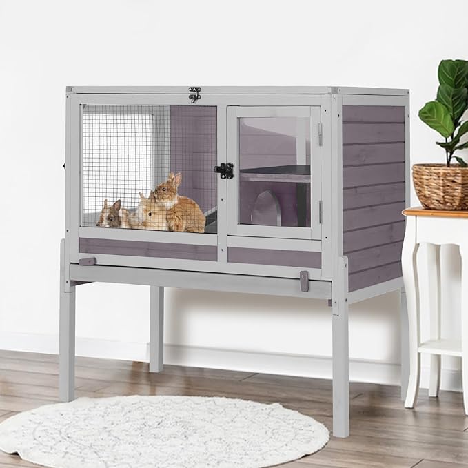 Aivituvin Rabbit Hutch with Stand Wooden Bunny Cage Indoor 2 Story Guinea Pig House with Anti Chew Ramp, No Leak Tray, Hideout, Wire Mesh (Gray)-PurrikoPets