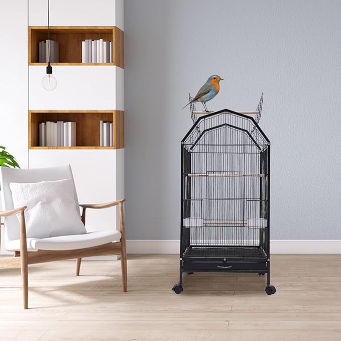 40-Inch Wrought Iron Bird Cage with Open-Top and Rolling Stand, Movable Parrot Cage Pet Bird Flight Cage, 360 Degree View Spacious Interactive Roof Pet Bird House for Medium&Small Birds-PurrikoPets