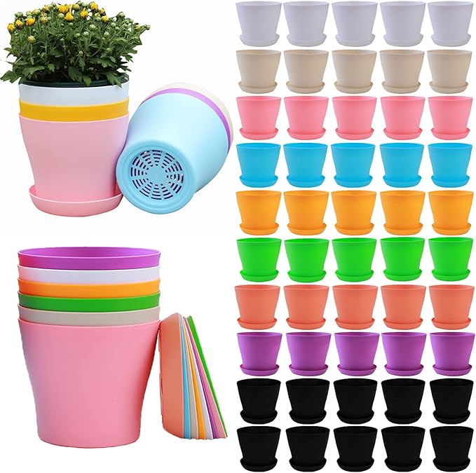 50 Pack 4 Inch Plant Pots Bulk Small Plastic Planters Pots with Drainage Holes Flower Pot for Succulent, Cactus, Herb, African Violet (50pcs-Multicolor, 4Inches)-PurrikoPets