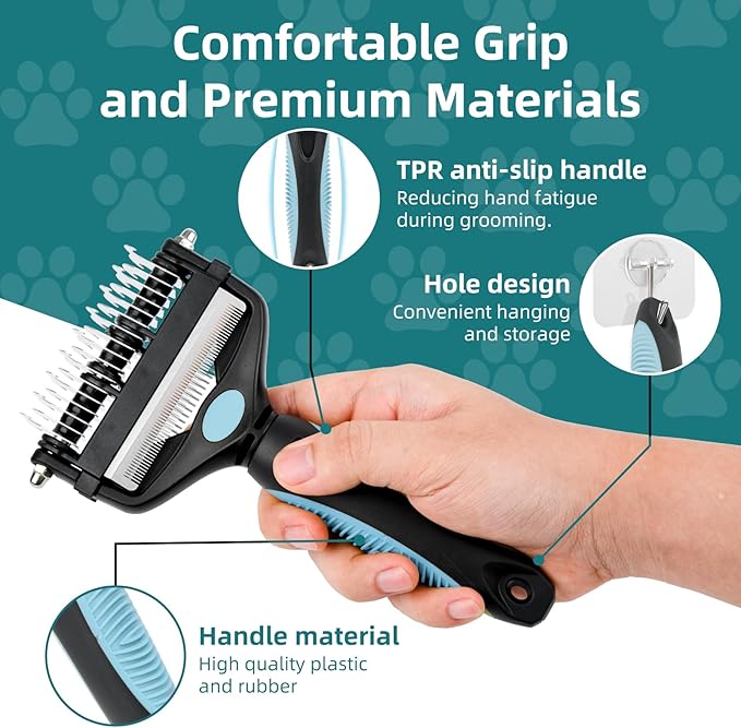3-IN-1 Pet Grooming Tool - Undercoat Rake, Dematting Comb & Deshedding Brush for Cats & Dogs - Removes Mats, Tangles & Loose Fur, Reduces Shedding & Prevents Hair Mess (Blue)-PurrikoPets