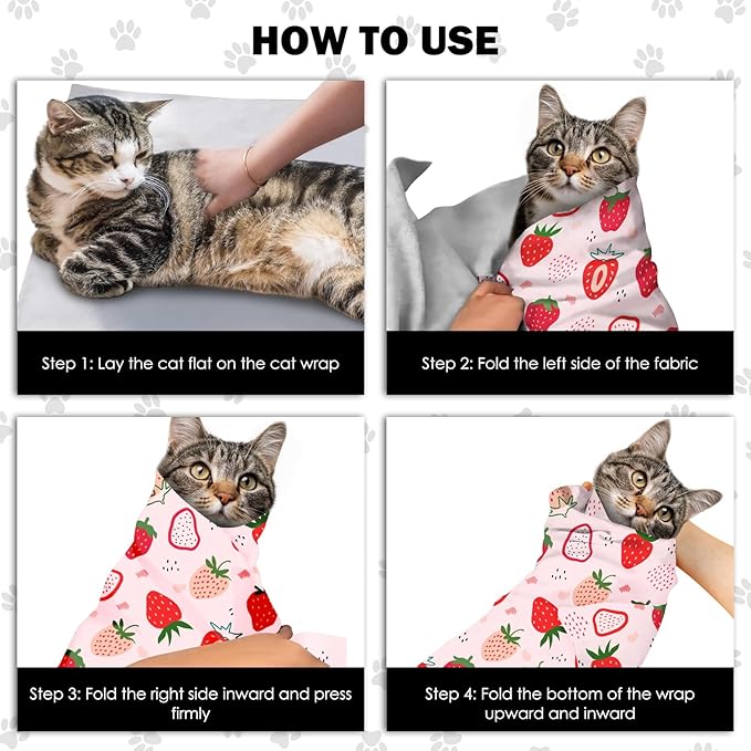 27.6" Cat Grooming Wrap, Self Adhesive Cat Wrap for Cutting Nails, Anti-Escape Calming Cat Swaddle Wrap for Medicine Ear Cleaning, Strawberry Anti-Scratch Cats Burrito Restraint Blanket, Pet Tool-PurrikoPets