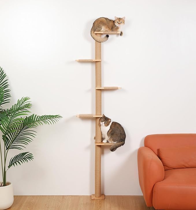 5 Tier Floor to Ceiling Cat Tree Tower with Wall-Mounted Scratching Post, Playful Wall Climbing Shelves for Cats, Ideal for Kittens to Climb, Scratch, and Lookout, Wild Simulation Design-PurrikoPets