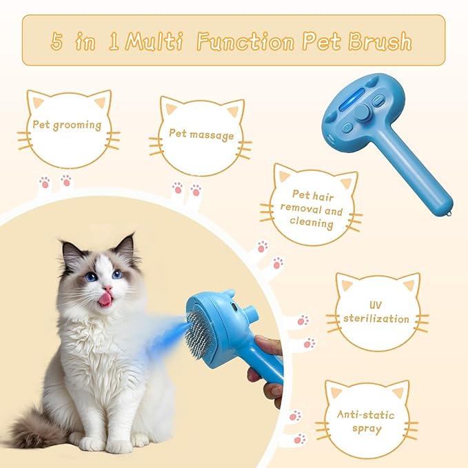 5-in-1 Pet Steam Brush for Cats & Dogs – Grooming, Shedding, Massage & One-Touch Clean for Short & Long Hair Pets – Electric Cat Brush with Comb & Steam (Blue)-PurrikoPets