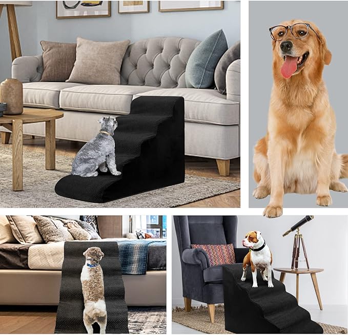 Dog Stairs&Steps for High Beds Up to 28'', 5-Step Dog Ramp for Small Medium Dogs with Washable Cover, Pet Steps for Cats to Get on Couch and Sofa, Durable Foam Ladders, 24.4" Tall, Black-PurrikoPets