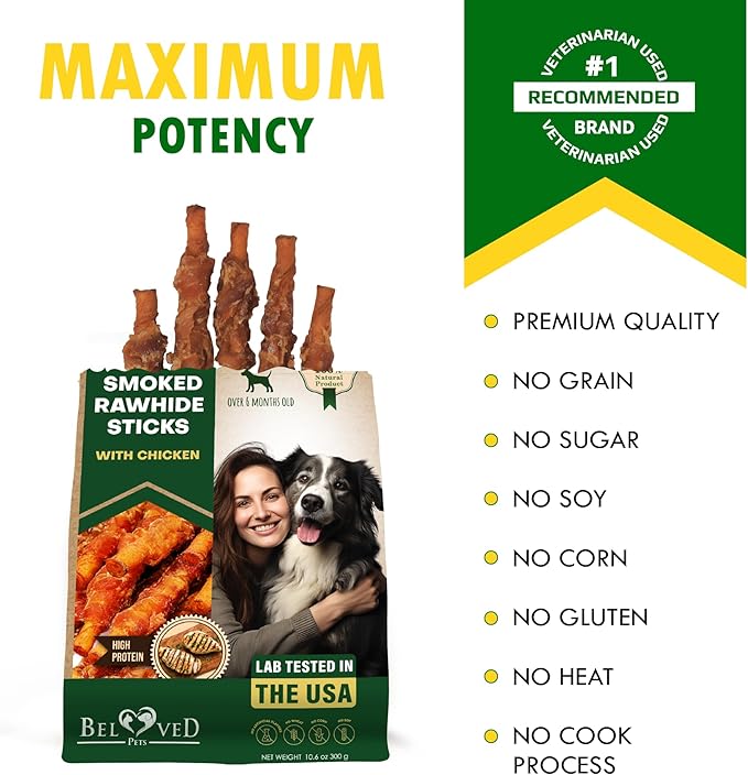 Dog Treats Rawhide Sticks Wrapped with Chicken 11 oz Pet Natural Chew Treats - Grain Free Meat & Human Grade Dried Snacks - Best for Small & Large Dogs (10.6 Ounce (Pack of 1), Smoked Chicken)-PurrikoPets