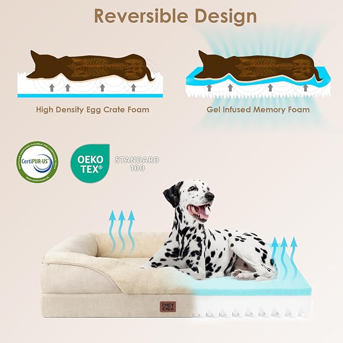 EHEYCIGA Memory Foam XXL Dog Bed for XLarge Sized, Extra Large Orthopedic Dog Sofa with Sides and Waterproof Liner, Washable Bolster Pet Couch with Removable Cover, 52x41x8 Inch, Beige-PurrikoPets