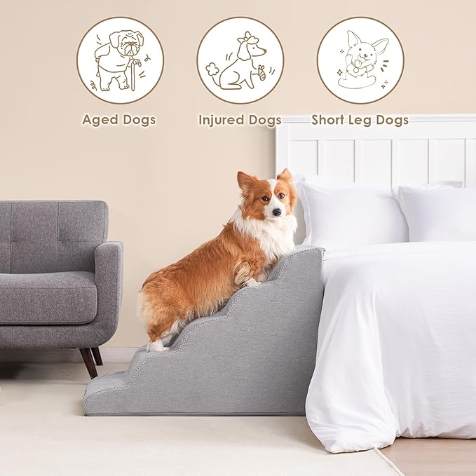 EHEYCIGA Curved Dog Stairs Ramp for High Beds, 5-Step Extra Wide Dog Steps for Small Dogs and Cats, Pet Stairs for High Bed Climbing, Non-Slip Balanced Pet Step Indoor, Light Grey-PurrikoPets