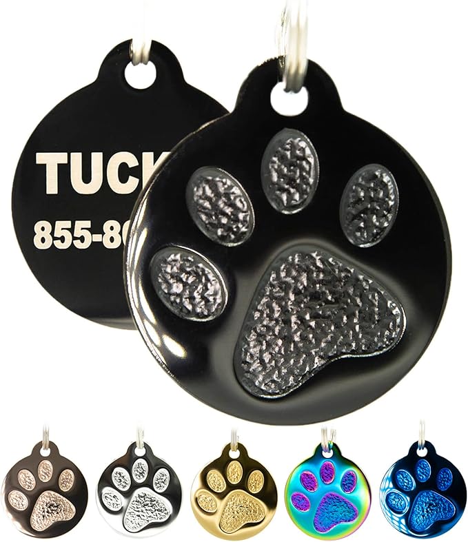 Engraved Pet Tag for Dogs and Cats - Personalized Front & Back up to 4 Lines of Text Custom Engraved ID, Round Paw Print Solid Plating Stainless Steel Black Small-PurrikoPets