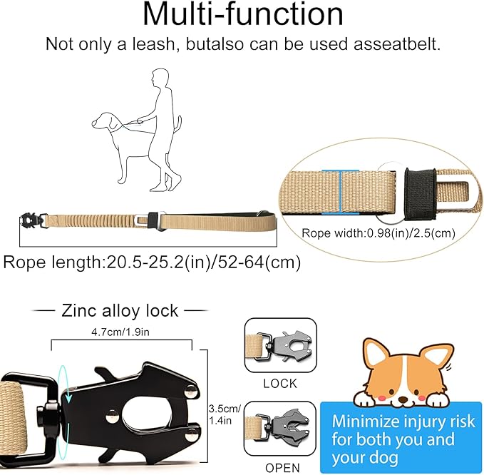20” Strong Short Leash for Dog, Heavy Duty Bungee Dogs Leash with Padded Handle Car Seatbelt, Small Dog Training Leashs for Large or Medium Dogs - Can be Used with Other leashes (Khaki)-PurrikoPets