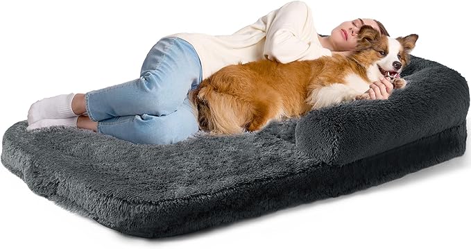 EHEYCIGA Human Dog Bed for Kids, Foldable XXL Dog Bed, Faux Fur Fluffy Pet Couch Bed, Orthopedic Calming Memory Foam Big Pet Bed, Washable Pet Sofa Bed with Non-Slip Bottom, Dark Grey, 54"x38"x7.5"-PurrikoPets