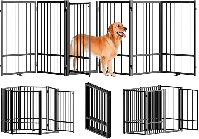 Full Metal Freestanding Dog Gate with Door, 32''Height Foldable Pet Dog Fence for Indoor & Outdoor, 6 Panels Extra Wide Free Standing TallDog Gates for Doorways,House,Stairs,Porch,Deck,Yard-PurrikoPets