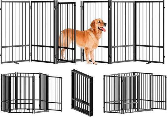 Full Metal Freestanding Dog Gate with Door, 32''Height Foldable Pet Dog Fence for Indoor & Outdoor, 6 Panels Extra Wide Free Standing TallDog Gates for Doorways,House,Stairs,Porch,Deck,Yard-PurrikoPets