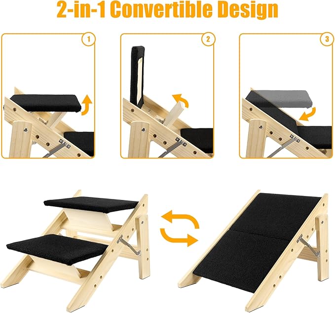 Foldable Dog Stairs/Ramp with 2 Steps - Durable Wooden Pet Stairs for Small, Medium, Large Dogs - Black (No Assembly Required)-PurrikoPets