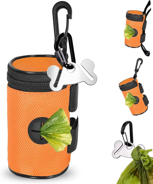Dog Poop Bag Holder for Leash Attachment - Waste Bag Dispenser for Leash - Fits Any Dog Leash - Portable Set with Hand Free Holder Metal Carrier, Round Shape, Orange-PurrikoPets