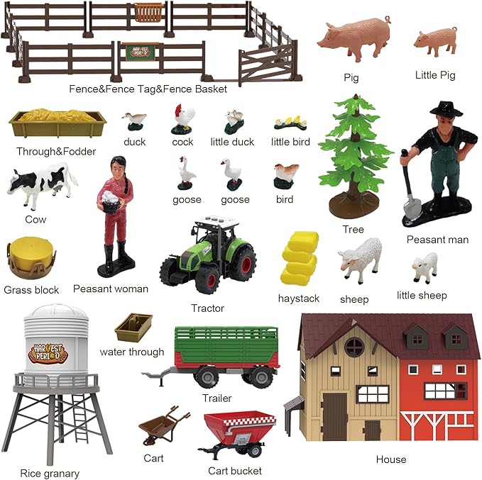 109PCS Farm Animals Toys Set Comes with Barn, Rice Storehouse, Rice Trolley, Milking shed, Farmer, Fence - Playset for Kids Toddlers Boys Girls 5+ Years Old-PurrikoPets