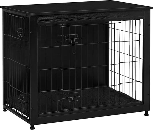 DWANTON Dog Crate Furniture with Cushion, Wooden Kennel Table with Double Doors, Indoor Dog House, Medium Size, 32.5" L, Black-PurrikoPets