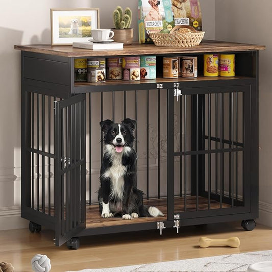 39.4" Dog Crate Furniture for Medium and Large Breed, Dog Kennel Furniture with Storage Shelf & Lockable Wheels, Heavy Duty Wooden End Side Table Pet Cage Indoor, Chew-Resistant, Brown-PurrikoPets
