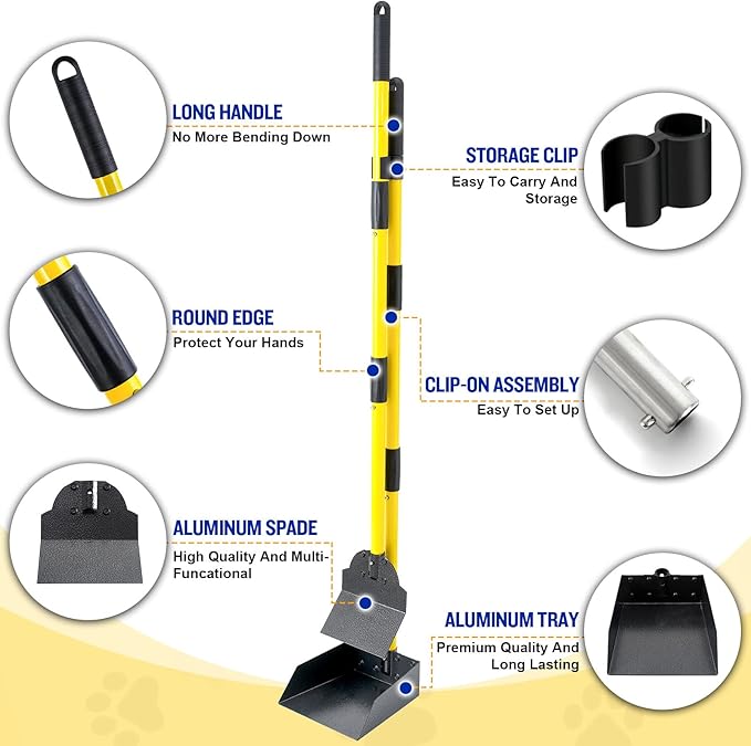 Dog Pooper Scooper,Tray and Spade Set Poop Scooper for Dogs, Adjustable Long Handle Metal Pooper Scooper with Bin for Pet Waste Removal, No Bending Clean Up for Medium and Large Dogs-PurrikoPets