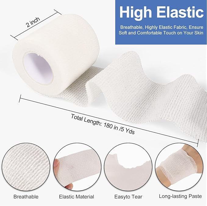 24 Pack White Self Adhesive Bandage, 2” x 5 Yards Medical Wrap, Cohesive Bandage Wrap, White Tape Baseball, Self Stick Bandage Tpae, First Aid Gauze for Ankle, Leg, Arm-PurrikoPets