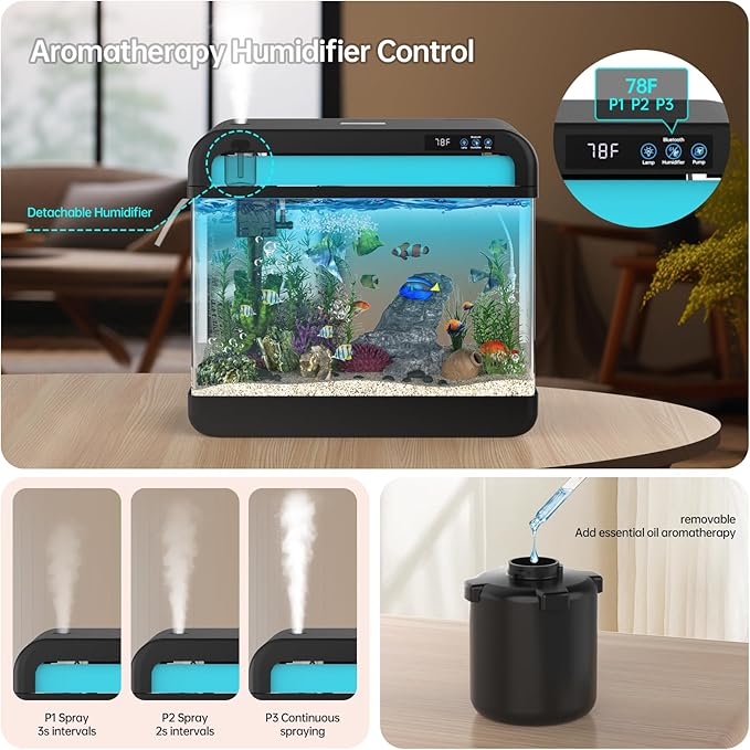 Fish Tank Aquarium 6.3 Gallon Fish Bowl with Music Humidifier 7 Color Auto-Looping Light Adjustable Quiet Pump, Temperature Display, Bottom Water Changer, HD Float Glass, Leak-Proof Thickened Base-PurrikoPets